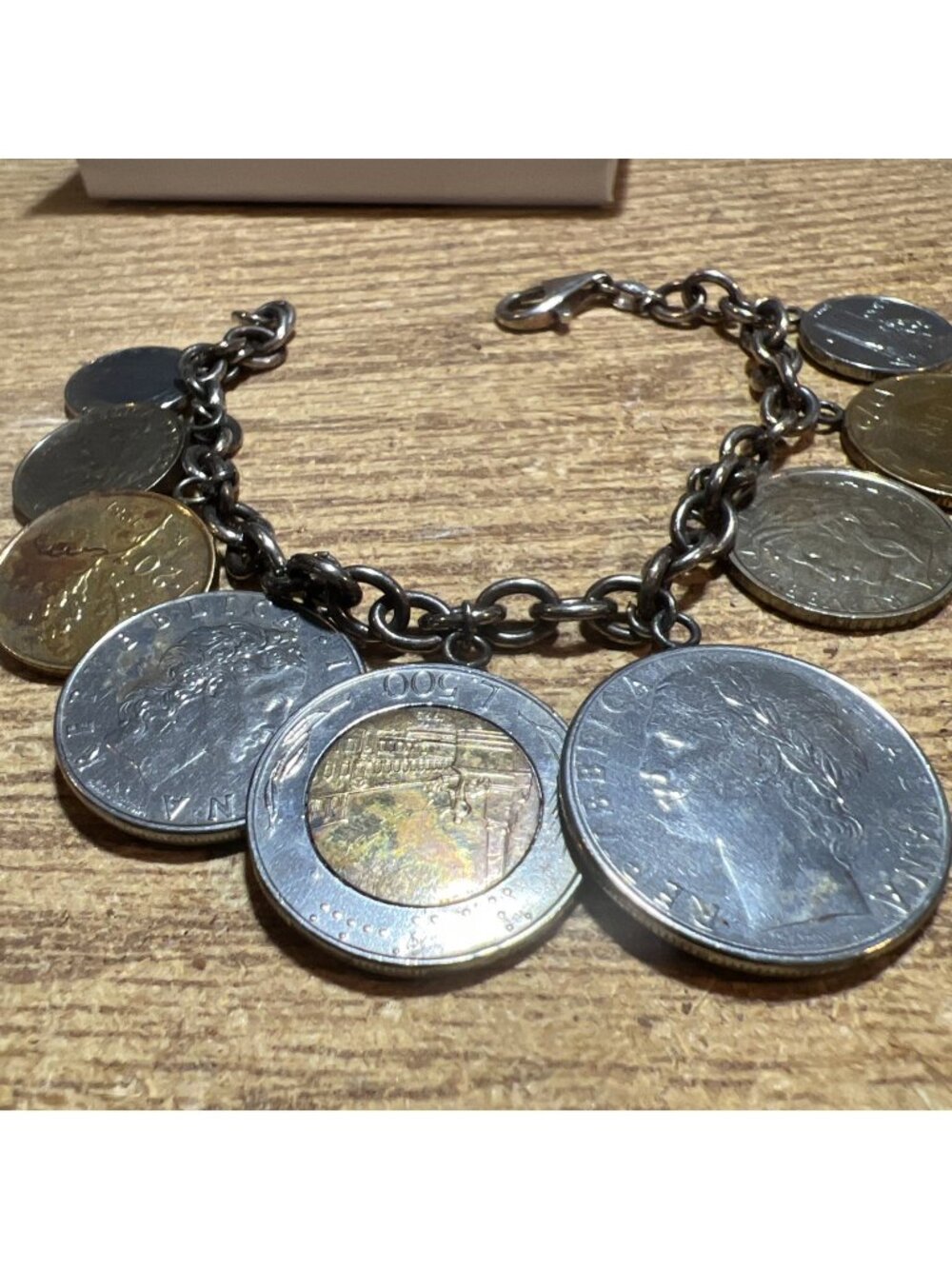1970 Vtg Milor Signed 925 Italian Lira 9 Coins CHARM BRACELET Rolo Link S7 59 Gr